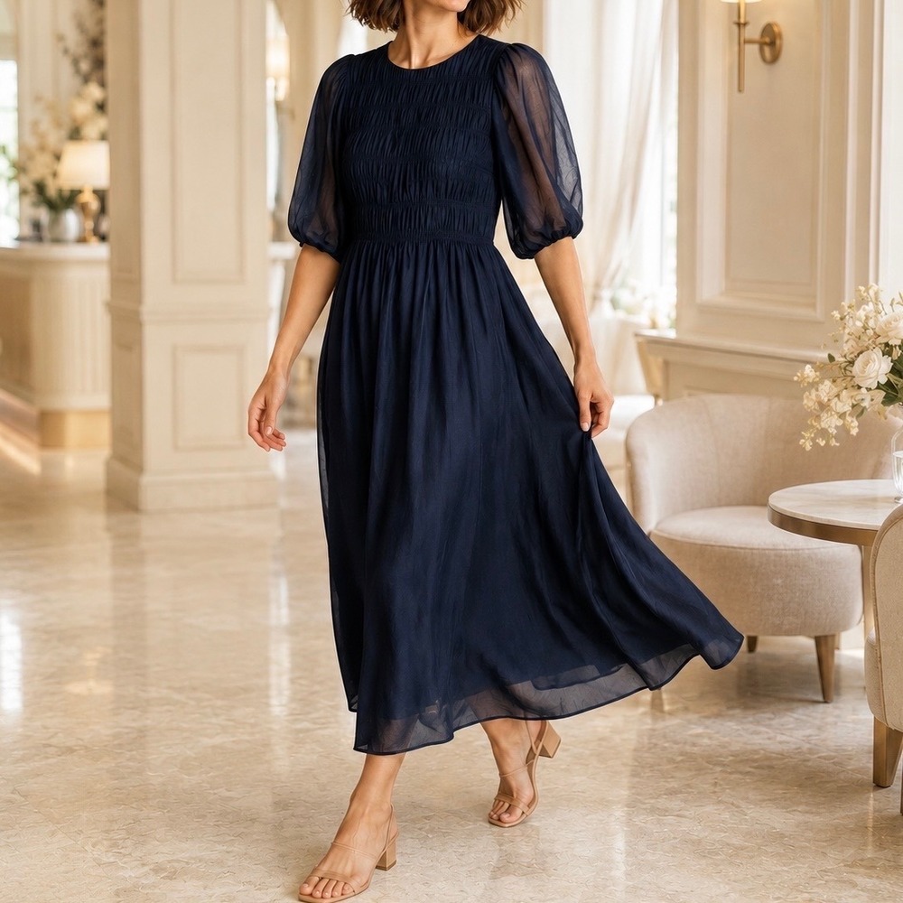 Rebecca Taylor XS Midi Dress Navy Blue Cotton Silk Smocked Puff Sleeve Womens